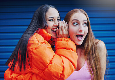Buy stock photo Friends, gossip in ear and women in laughing at secret joke in city with smile and shock on face. Urban secrets, rumor and whisper in ears, gen z woman and friend laugh at funny story on walk in town