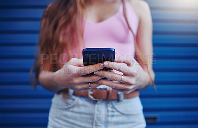 Buy stock photo Woman, hands and phone for social media, texting or chatting in communication or networking. Hand of female, person or lady typing on mobile smartphone for browsing, advertising or conversation