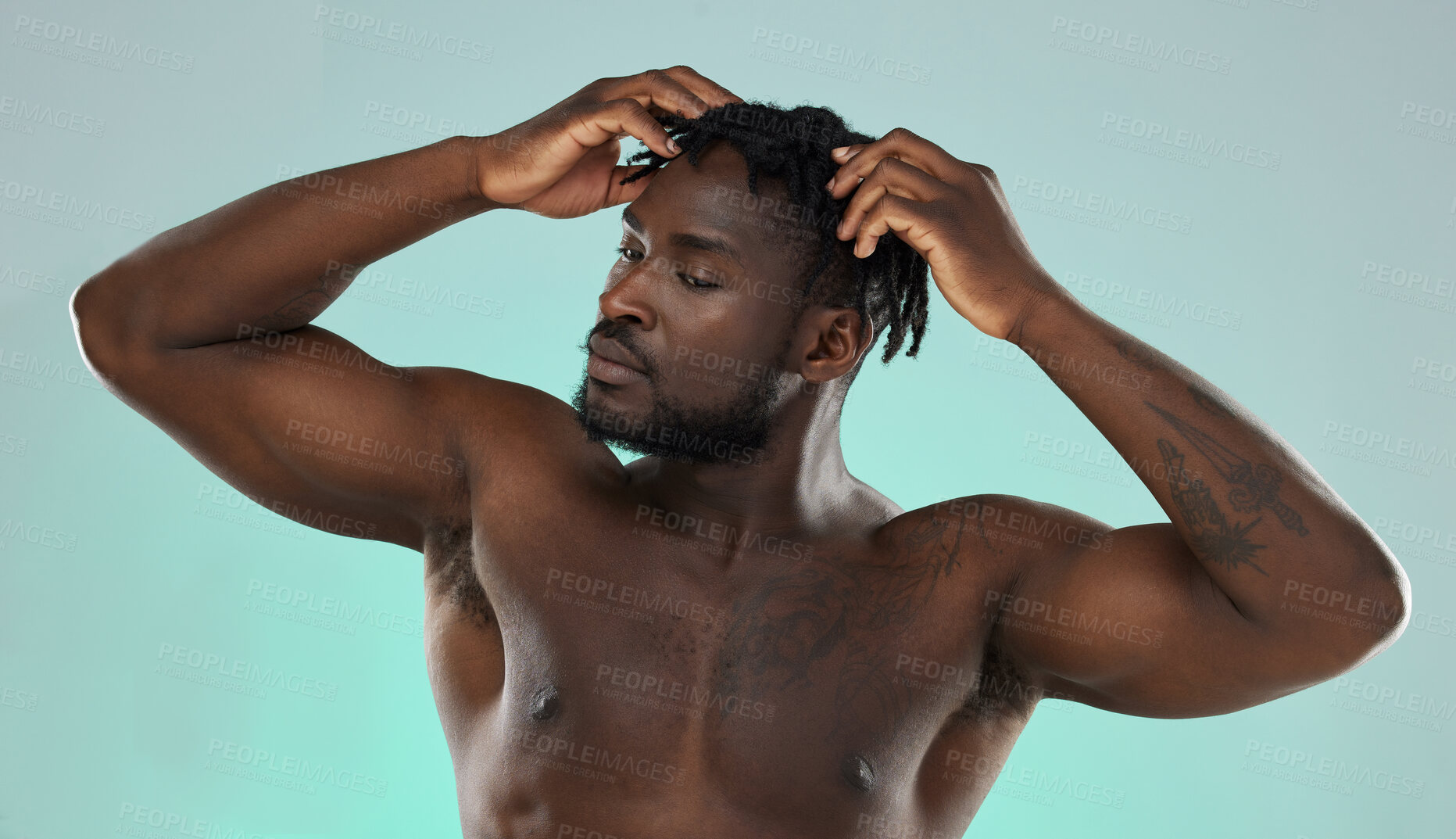Buy stock photo Dreadlocks hair, shirtless man and studio for beauty, self care and cosmetic wellness by blue background. African gen z model, muscle and strong body with hands on head and scalp massage