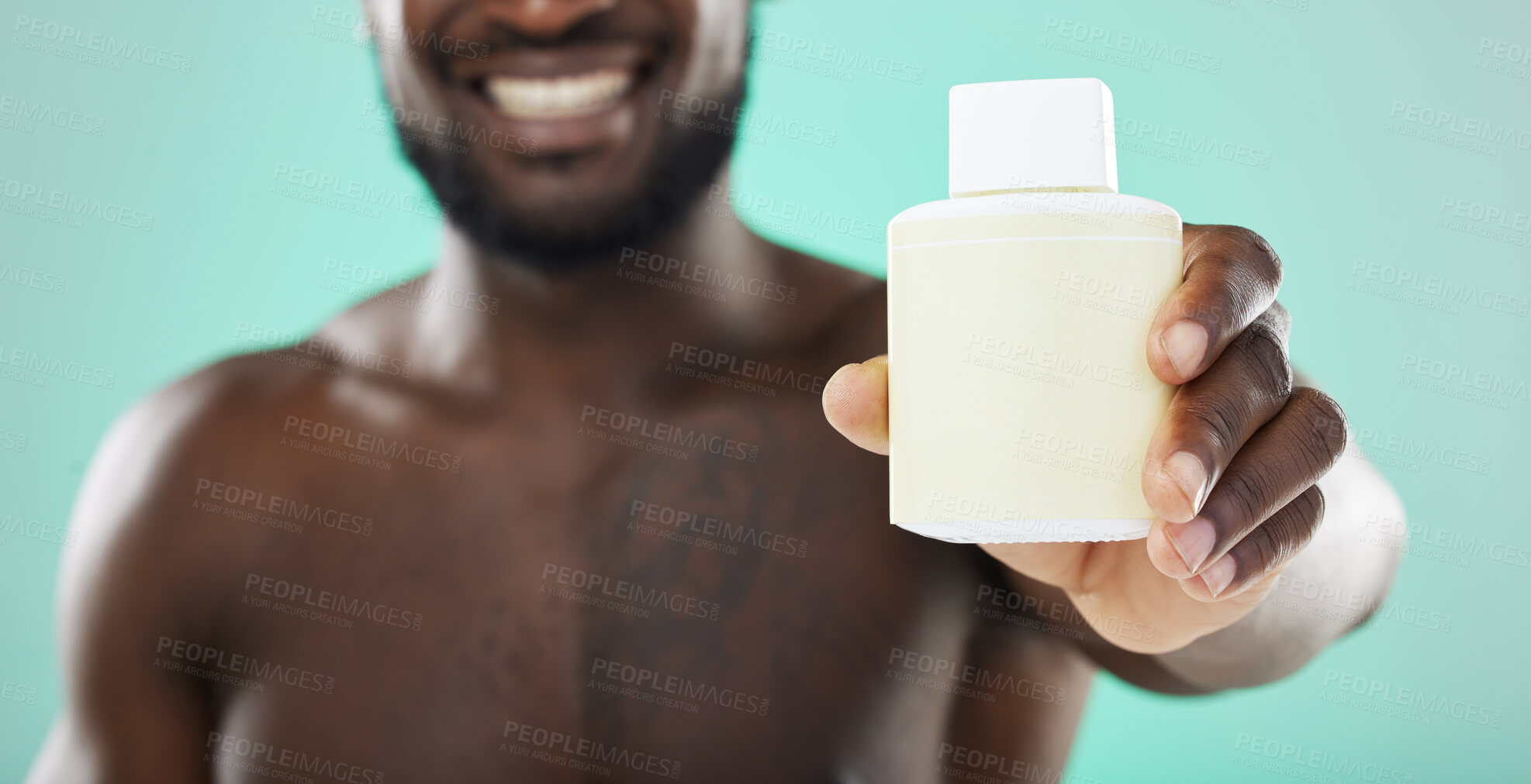 Buy stock photo Black man, hands and skincare cosmetics, product or serum bottle for facial or body treatment against studio background. Hand of African American male holding solution for skin, advertising or brand