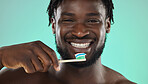 Black man, face and toothbrush, happy portrait with smile for teeth whitening and cleaning mouth isolated on studio background. Fresh breath, beauty and hygiene with toothpaste, health and dental 