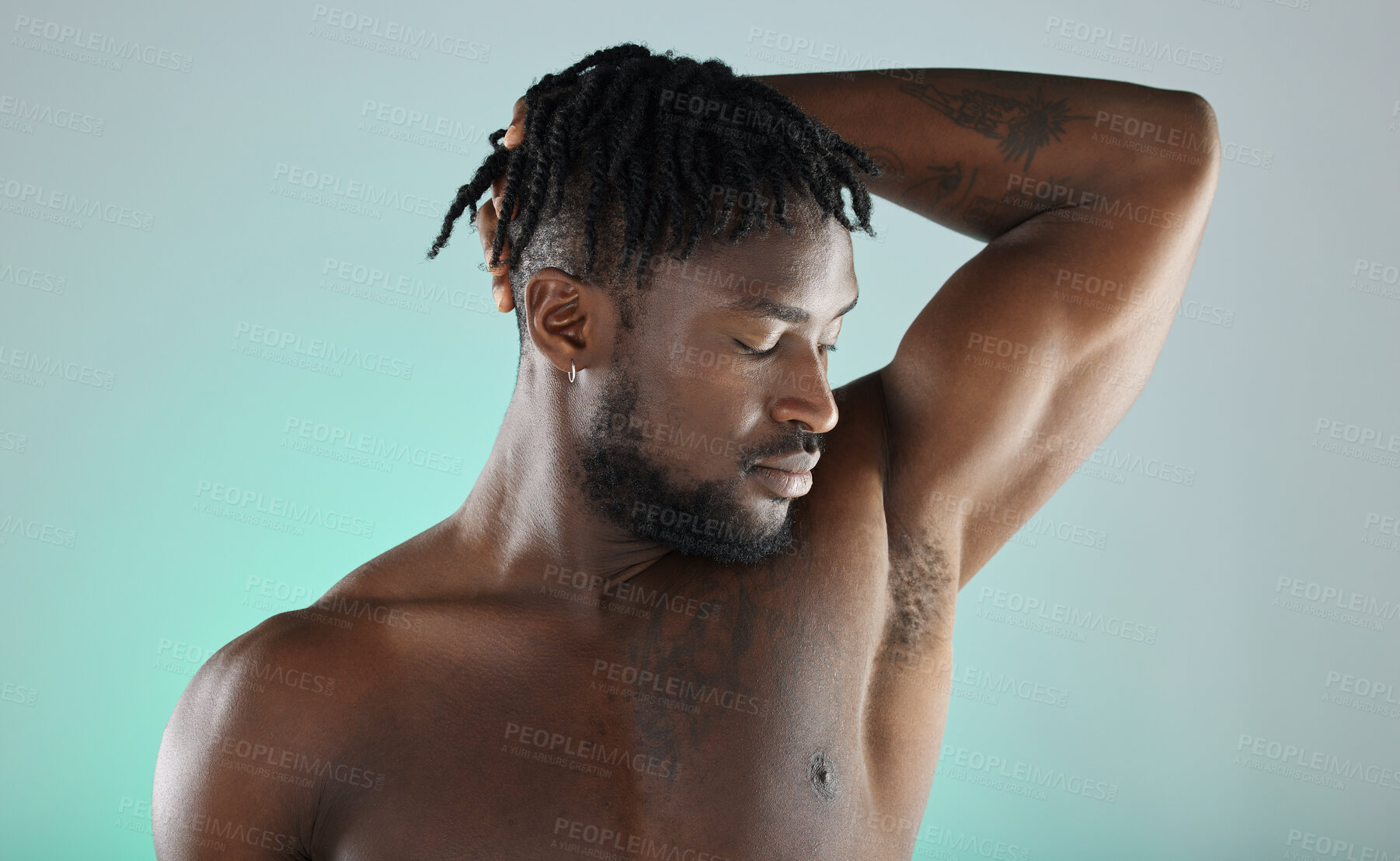 Buy stock photo Armpit, wellness and black man with skincare hygiene or grooming isolated against a studio background. Natural, cosmetics and body care for healthy skin by a young, confident and African model
