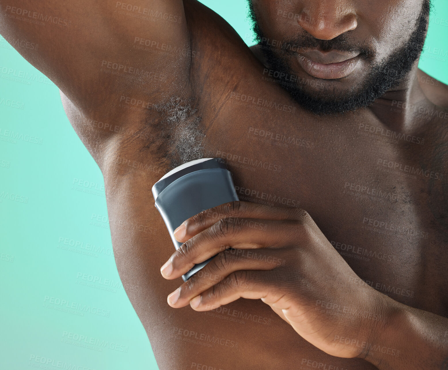 Buy stock photo Armpit hygiene and black man with deodorant and self care routine product of people with body zoom in studio. Health, wellness and cosmetic grooming of young person at isolated green background


