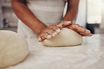 Man hands and dough press in kitchen for baking preparation work and process at culinary counter. Restaurant chef and worker in professional kitchen preparing wheat bread, cake or pizza recipe. 

