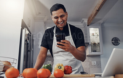 Buy stock photo Man, cooking vegetables and phone for comic online recipe in kitchen with house wifi connection. Chef person with mobile app for learning or blog post for home food for vegan or healthy eating