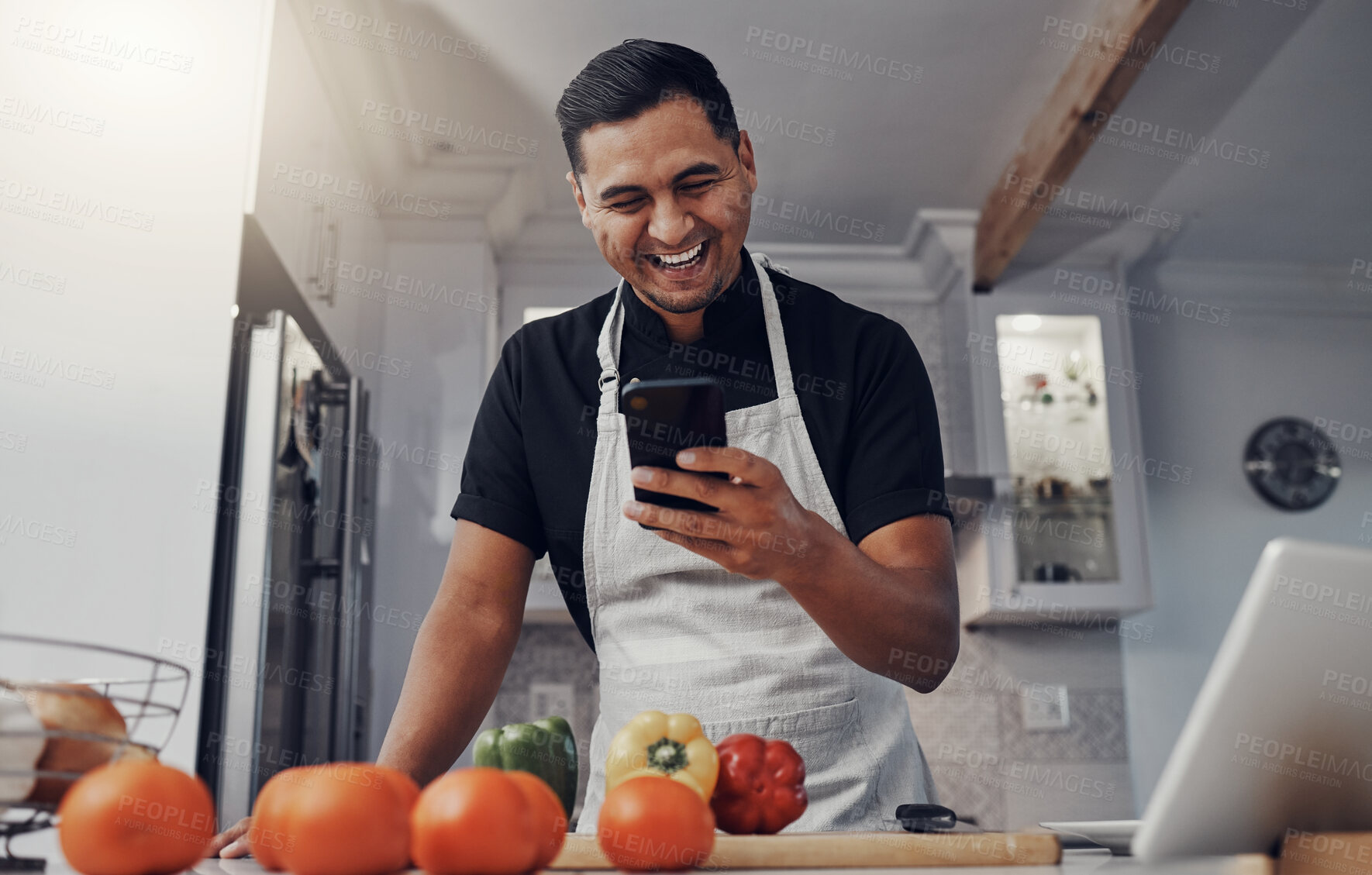 Buy stock photo Man, cooking vegetables and phone for comic online recipe in kitchen with house wifi connection. Chef person with mobile app for learning or blog post for home food for vegan or healthy eating