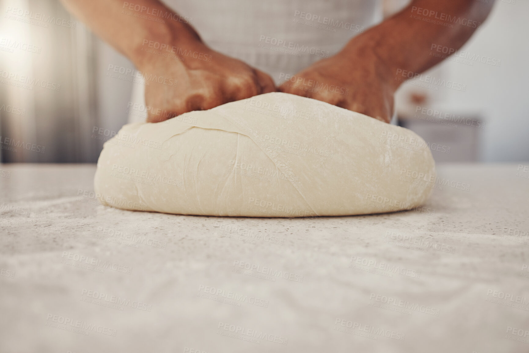 Buy stock photo Man hands and cook kneading dough for baking preparation work and process at culinary counter. Restaurant chef and worker in professional kitchen preparing wheat bread or pizza recipe. 

