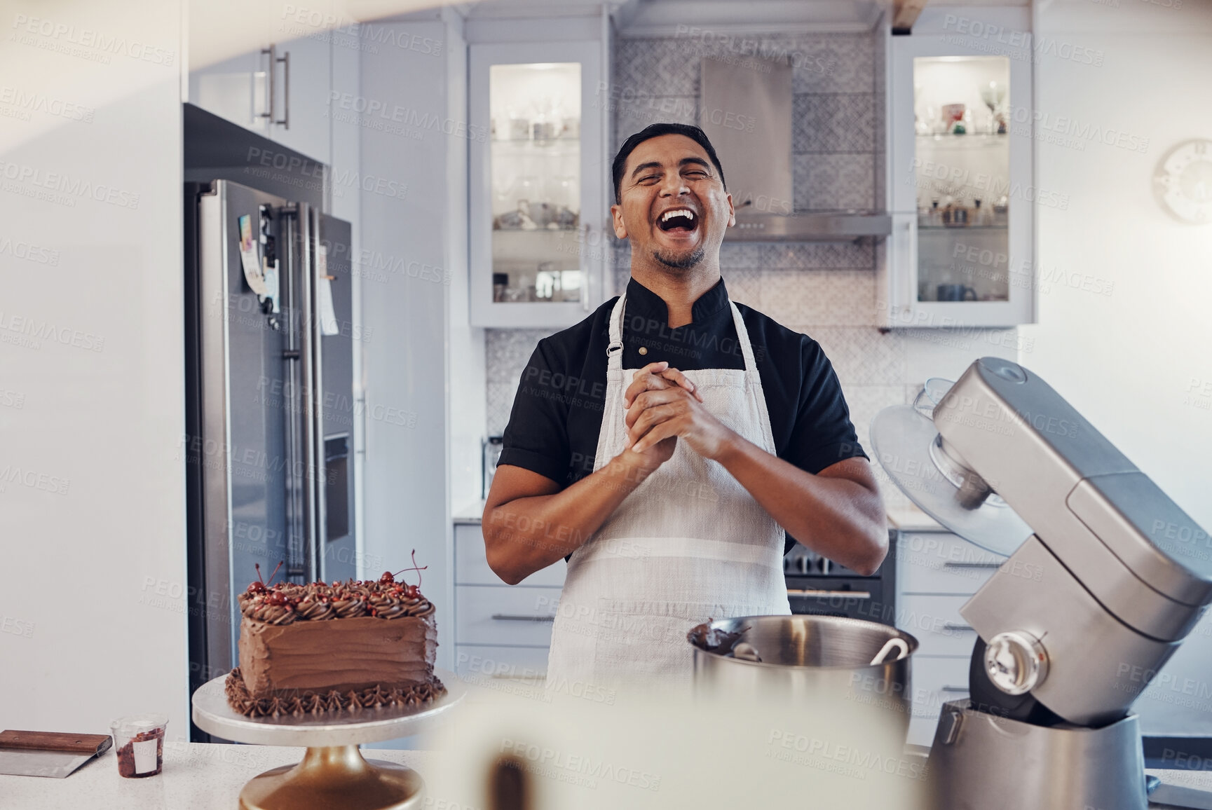 Buy stock photo Man, baker and laughing in kitchen on vlog, live streaming and recording a cake tutorial on social media. Happy chef, digital content creator and food influencer filming a funny virtual cooking class