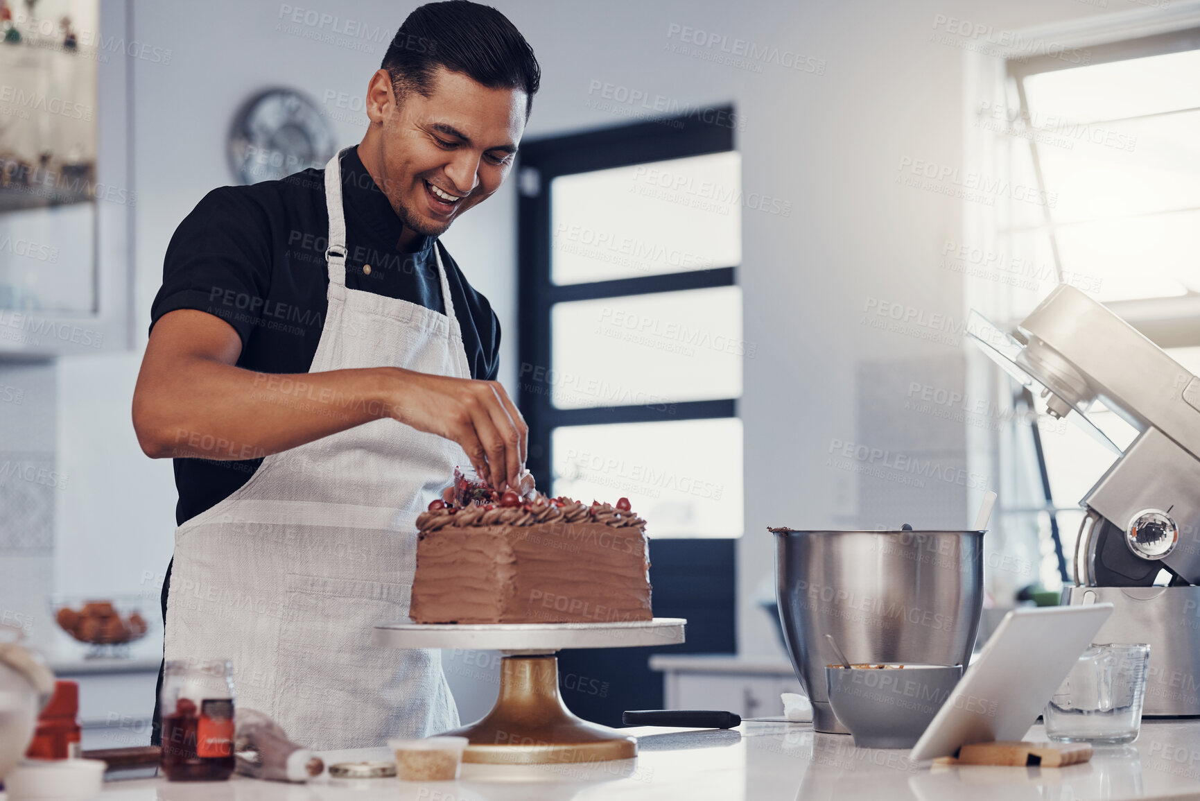 Buy stock photo Chef, baking and cake with chocolate in a kitchen by a happy man preparing a sweet desert or a birthday. Decoration, baker or cook with a small business smiling and cooking dessert at a bakery