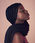 Black woman profile, face and hair with eyes closed, makeup and beauty isolated on studio background. Natural cosmetics, braids and hairstyle with cosmetic care, wellness and African model is content