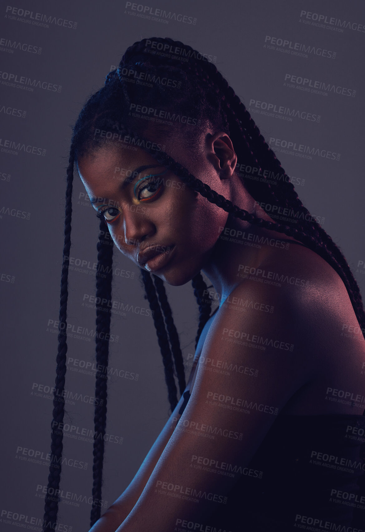 Buy stock photo Beauty, makeup and portrait of a black woman in a studio with braids, cosmetic and natural face. Cosmetics, beautiful and young African female model with a facial treatment by a dark gray background.