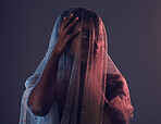 Black woman, veil and fashion with creative, fabric and elegance with girl on dark studio background. African American female, lady and cover with textile, design and material for aesthetic style