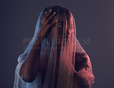 Buy stock photo Black woman, veil and fashion with creative, fabric and elegance with girl on dark studio background. African American female, lady and cover with textile, design and material for aesthetic style