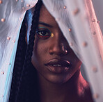 Portrait, beauty and makeup with a model black woman in studio on a gray background covered with fabric. Face, cosmetics and textile with an attractive young female posing to promote natural skin