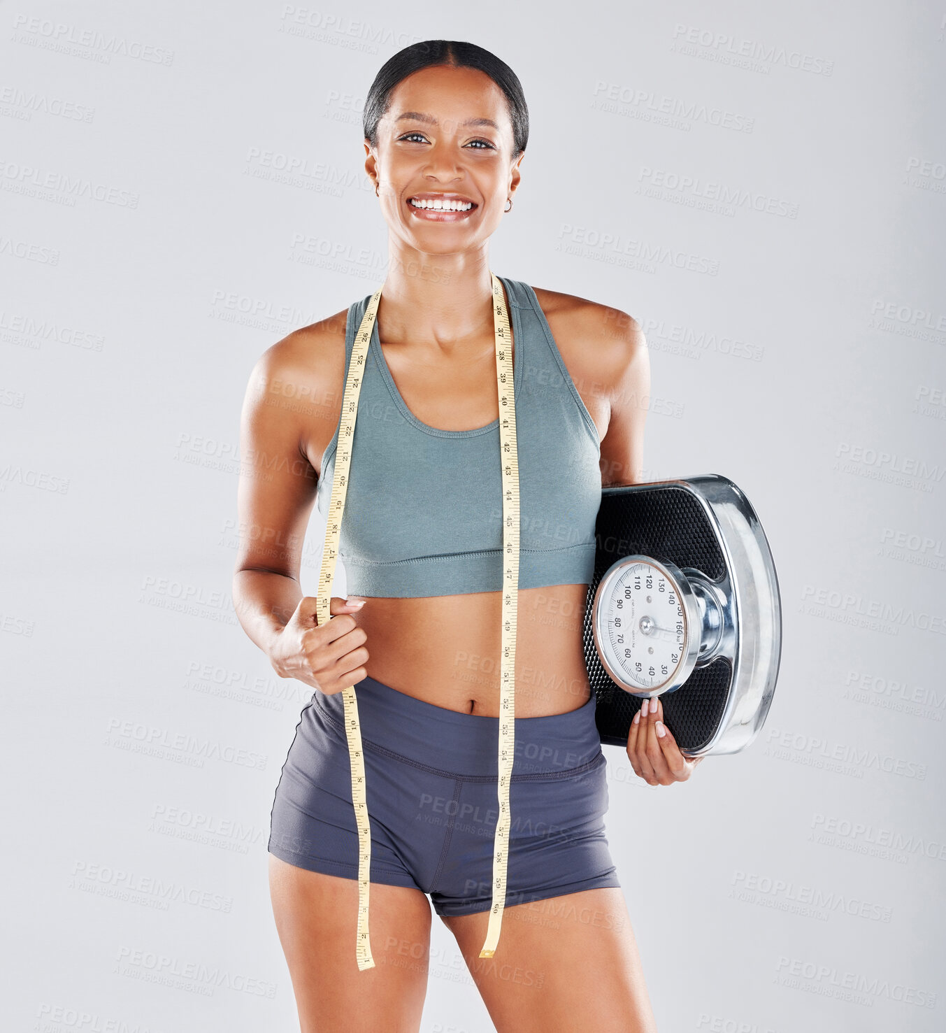 Buy stock photo Black woman, portrait and scale for wellness, diet and exercise for weight loss and healthcare with grey studio background. Fitness, Jamaican lady and female with measuring tape, balance and mindset