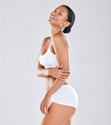 Buy stock photo Fitness, skincare and black woman in underwear, smile and confident girl on grey studio background. African American female, lady and healthy lifestyle with diet, body care and laughing on backdrop