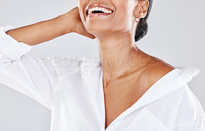 Buy stock photo Woman, smile and skincare beauty in cosmetics, makeup or fashion isolated against gray studio background. Happy female model smiling showing skin in happiness or satisfaction for luxury spa treatment