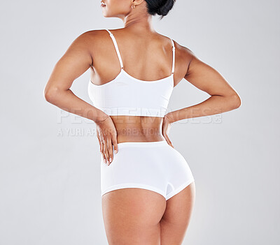 Buy stock photo Body, wellness and back of woman after fitness exercise, workout and training to lose weight in studio. Motivation, self care and female model for cellulite treatment, diet and healthy lifestyle