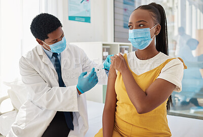 Buy stock photo Injection, doctor and patient with health, Covid and hospital,  black people with healthcare and vaccine. Medicine for safety against virus, needle syringe and man with woman in mask for Corona