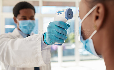 Buy stock photo Doctor, patient and Covid, healthcare and thermometer for temperature check zoom with black people in medicine. Face mask, Corona and virus prevention, man and woman in clinic for medical screening