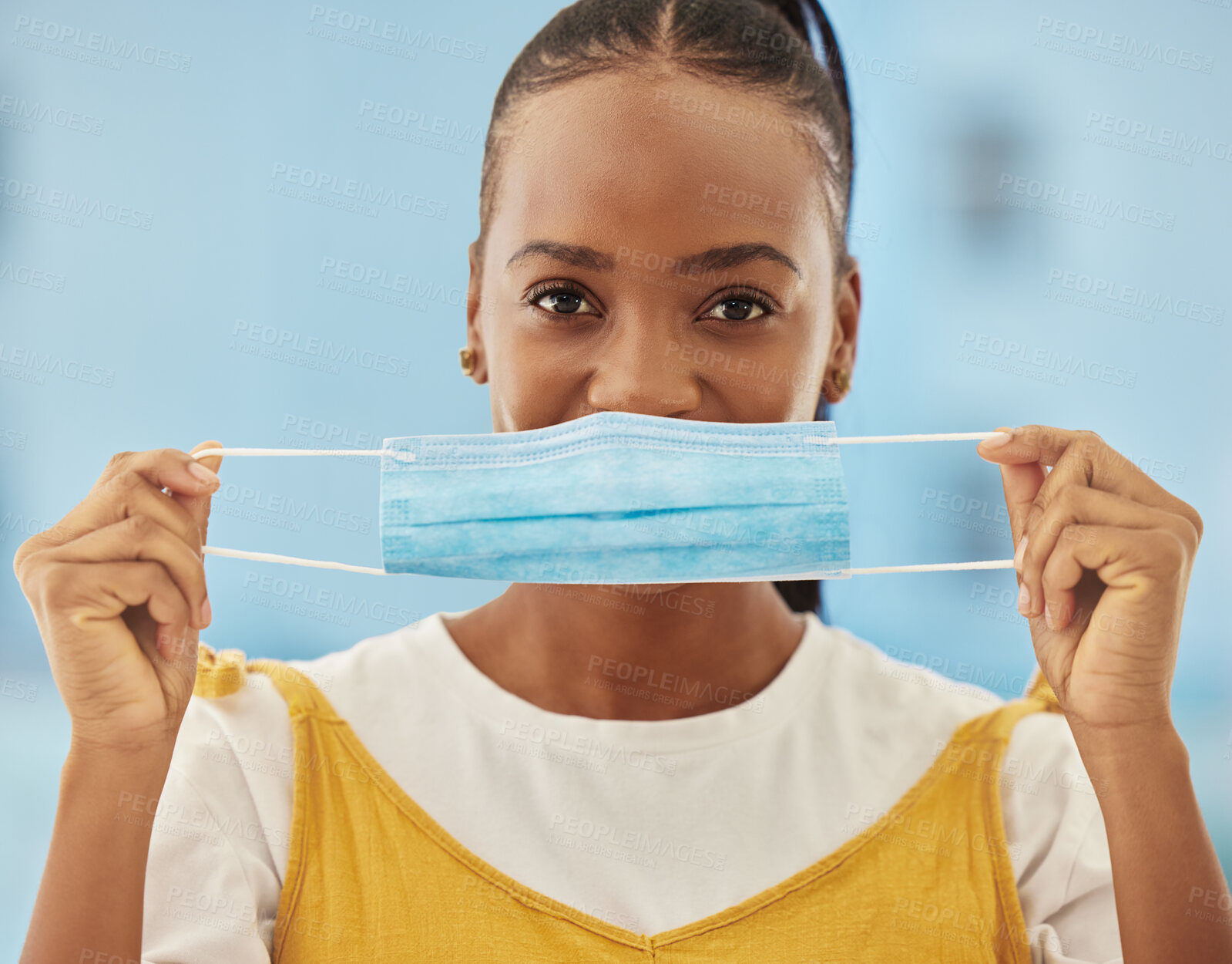 Buy stock photo Portrait, black woman and mask for protection, safety regulations and against virus, illness and disease. Nigerian female, lady and face cover for healthcare, medical rules or compliance for wellness