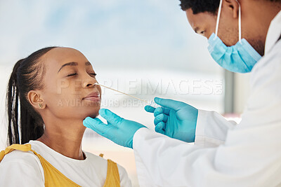 Buy stock photo Doctor, patient or covid nose test in hospital checkup, clinic wellness or bacteria virus control. Black woman, cotton or swab with healthcare worker in disease sample, medical research or compliance