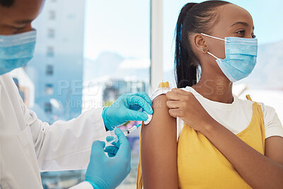 Buy stock photo Vaccine, doctor and patient with health, Corona and hospital, black people with healthcare and injection. Medicine for safety against virus, needle syringe and man with woman in mask for Covid
