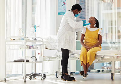 Buy stock photo Covid, healthcare and test with a black woman patient talking to a doctor for consulting during a checkup. Compliance, medical and insurance with a female in a hospital testing for the corona virus