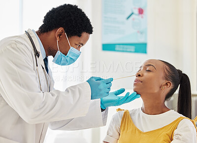 Buy stock photo Doctor, black woman or covid swab test in hospital checkup, clinic wellness or bacteria virus control. Patient, cotton or nose with healthcare worker in disease sample, medical research or compliance