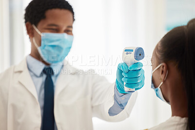 Buy stock photo Doctor, patient or thermometer in covid check, hospital compliance or healthcare wellness control in clinic. Black woman, face mask or forehead fever temperature for virus management or medical help 