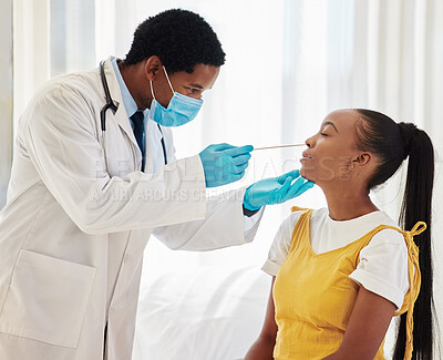 Buy stock photo Doctor, patient or covid swab test in hospital checkup, clinic wellness or bacteria virus control. Black woman, cotton or nose with healthcare worker in disease sample, medical research or compliance