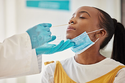 Buy stock photo Covid 19 test, doctor hands and black woman for hospital healthcare, medical support and corona virus exam. PCR, safety consultation girl or face of patient with nose swab from clinic worker or nurse
