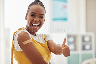 Buy stock photo Vaccine bandage, covid 19 and woman portrait with thumbs up emoji gesture for healthcare, medicine and immunity. Virus, safety first aid or African hospital patient with medical vaccination injection