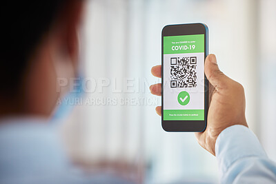 Buy stock photo Covid 19 vaccine, man and phone qr code for security, safety or travel during corona virus pandemic. Digital app software, health certificate and confirmation tick, check mark or verification success