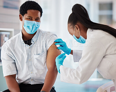 Buy stock photo Covid 19 vaccine, injection and doctor with patient for healthcare consultation, medical service or corona virus medicine. Portrait, syringe and black man at hospital pharmacy clinic for vaccination
