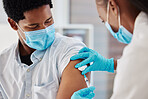 Covid 19 vaccine, injection and nurse with black man for healthcare consultation, medical service or corona virus medicine. Doctor, syringe and black man at hospital pharmacy clinic for vaccination