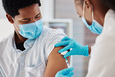 Buy stock photo Covid 19 vaccine, injection and nurse with black man for healthcare consultation, medical service or corona virus medicine. Doctor, syringe and black man at hospital pharmacy clinic for vaccination