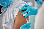Covid 19 vaccine, injection or nurse with patient for healthcare consultation, medical service or corona virus medicine. Doctor hands, syringe or black man at hospital pharmacy clinic for vaccination