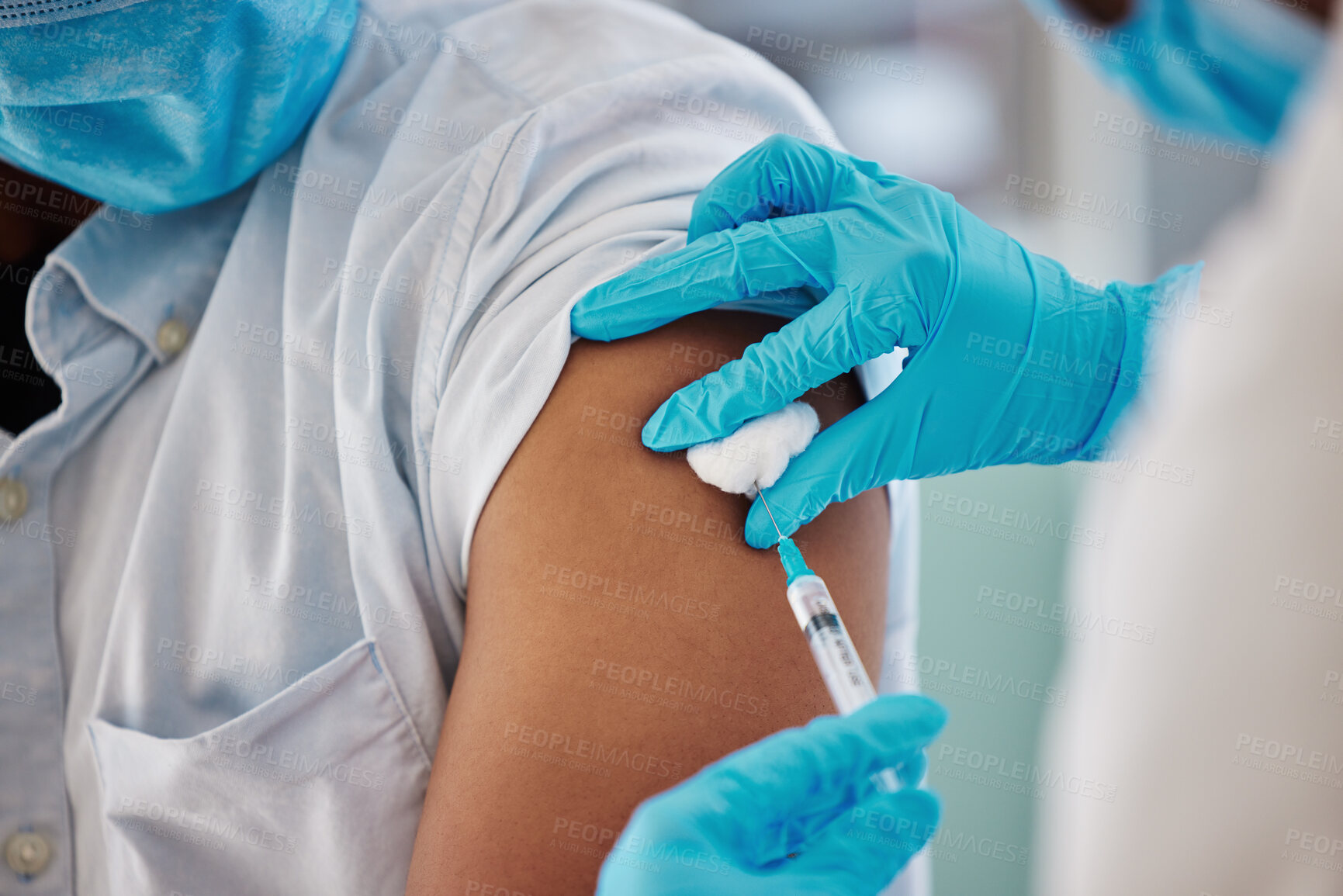 Buy stock photo Covid 19 vaccine, injection or nurse with patient for healthcare consultation, medical service or corona virus medicine. Doctor hands, syringe or black man at hospital pharmacy clinic for vaccination