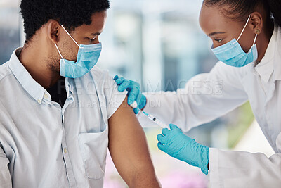 Buy stock photo Covid 19 vaccine, injection or doctor with black man for healthcare consultation, medical service or corona virus medicine. Nurse girl, syringe and patient at hospital pharmacy clinic for vaccination