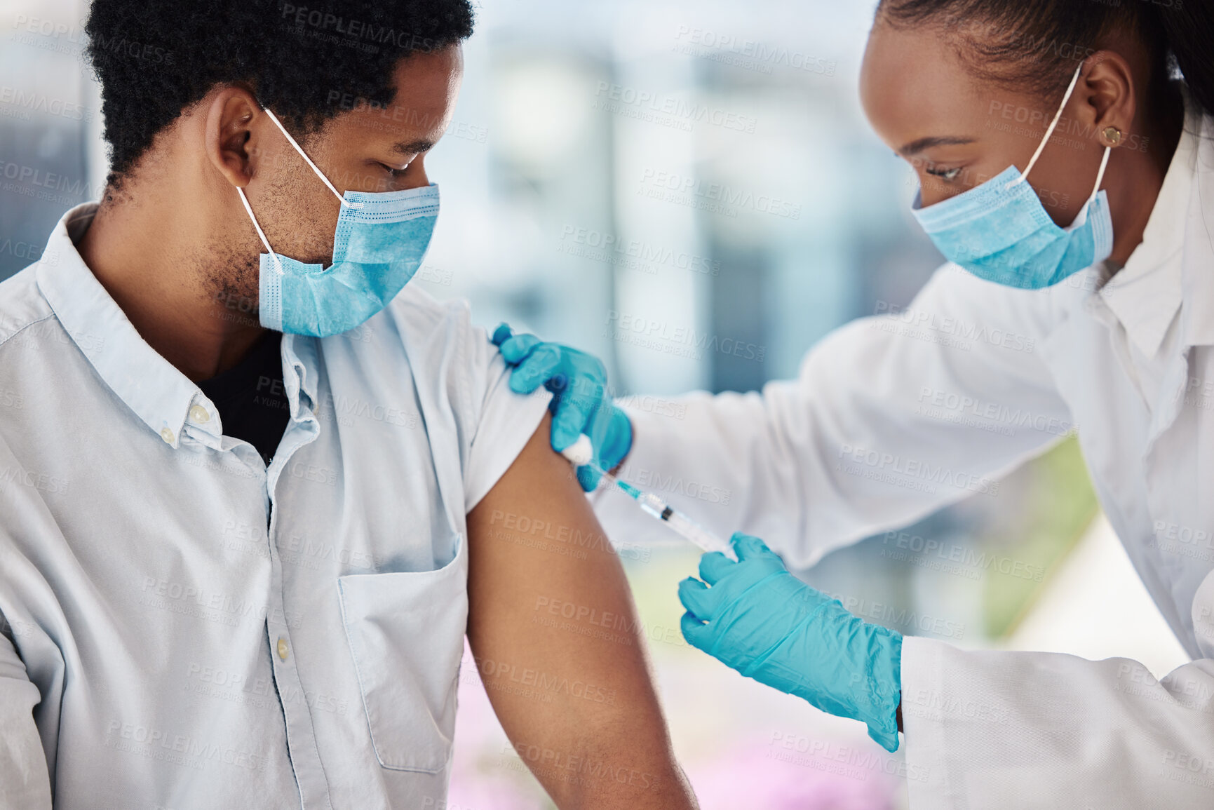 Buy stock photo Covid 19 vaccine, injection or doctor with black man for healthcare consultation, medical service or corona virus medicine. Nurse girl, syringe and patient at hospital pharmacy clinic for vaccination