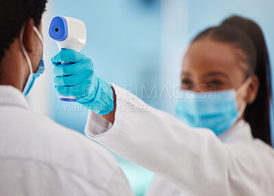 Buy stock photo Doctor, patient and Covid 19, healthcare and thermometer for temperature check zoom and black people in medicine. Face mask, Corona and virus prevention, man and woman in clinic for medical screening