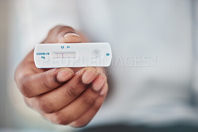Buy stock photo Rapid exam and black man hand with covid test for quick viral detection and healthcare check. Corona virus pcr and results of person with medical kit at hospital or virus testing clinic zoom.

