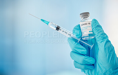 Buy stock photo Doctor, hands and syringe with covid vaccine for cure, healthcare or medical medication to combat virus. Hand of nurse holding corona virus sample with needle for vaccination from illness or disease