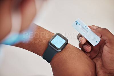 Buy stock photo Healthcare, black man and hand with covid rapid test and smartwatch screen for advertising mockup. Corona pcr and results of person with medical exam kit at hospital or virus testing clinic zoom.

