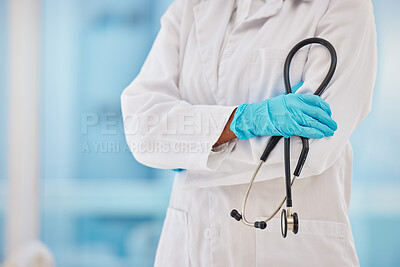 Buy stock photo Cardiology, stethoscope and proud doctor hands for healthcare, heart wellness and insurance in hospital. Medical blurred background, professional and cardiologist with career equipment in clinic zoom