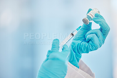 Buy stock photo Covid vaccine, injection and hands of a doctor with medicine, virus cure and medication at clinic. Healthcare, corona and medical worker extracting liquid from a syringe for a hospital vaccination