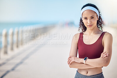 Buy stock photo Fitness, portrait and woman with arms crossed at beach promenade for exercise, wellness and mockup in Miami. Female sports athlete standing at seaside outdoor for workout, summer training and running