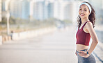 Happy woman, portrait and fitness with arms akimbo in city for exercise, wellness and mockup in Miami. Female athlete, smile and standing ready for urban workout, summer training and sports marathon