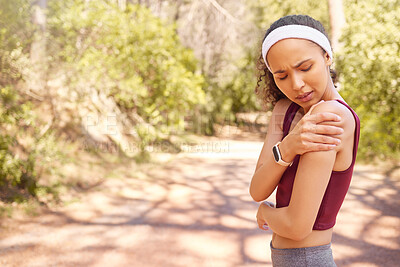 Buy stock photo Shoulder pain, exercise injury and woman in park for sports training, running and fitness mockup. Athlete, arm and joint problem outdoor from performance risk, first aid emergency or workout accident